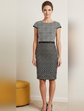 Taylor Black and White Sheath Midi Dress, Size 10P.